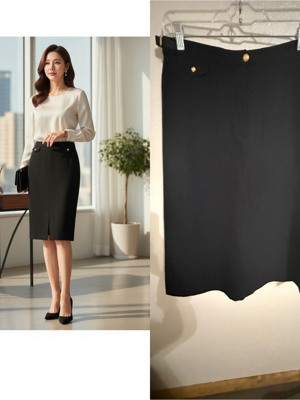 Lauren Ralph Lauren Size 8 Black Wool Blend Pencil Skirt Gold Hardware Belt